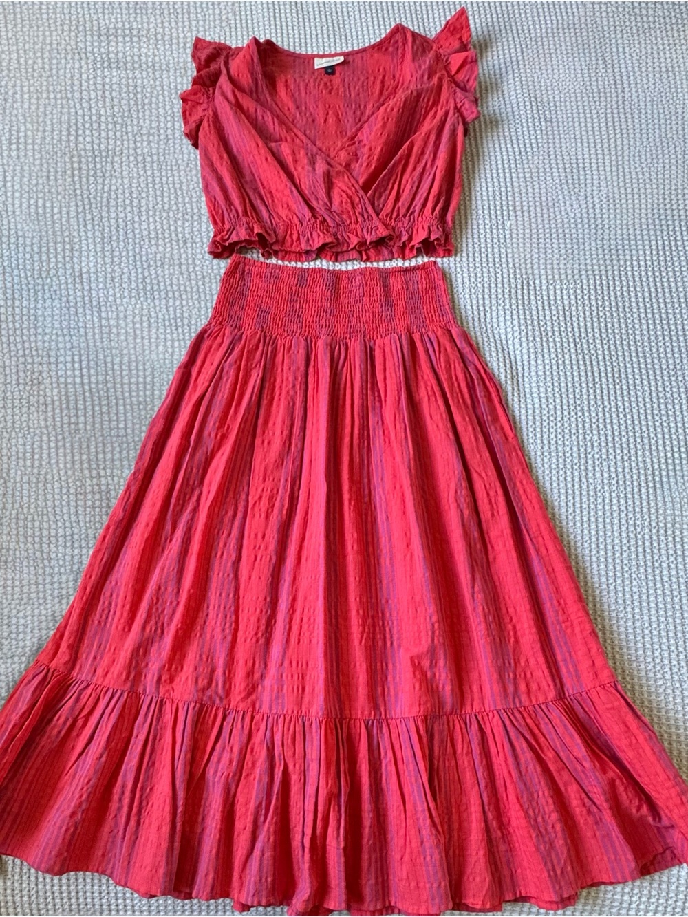Red Stripe 2-Piece Crop Top & Midi Skirt Set - Boho Style -Size L